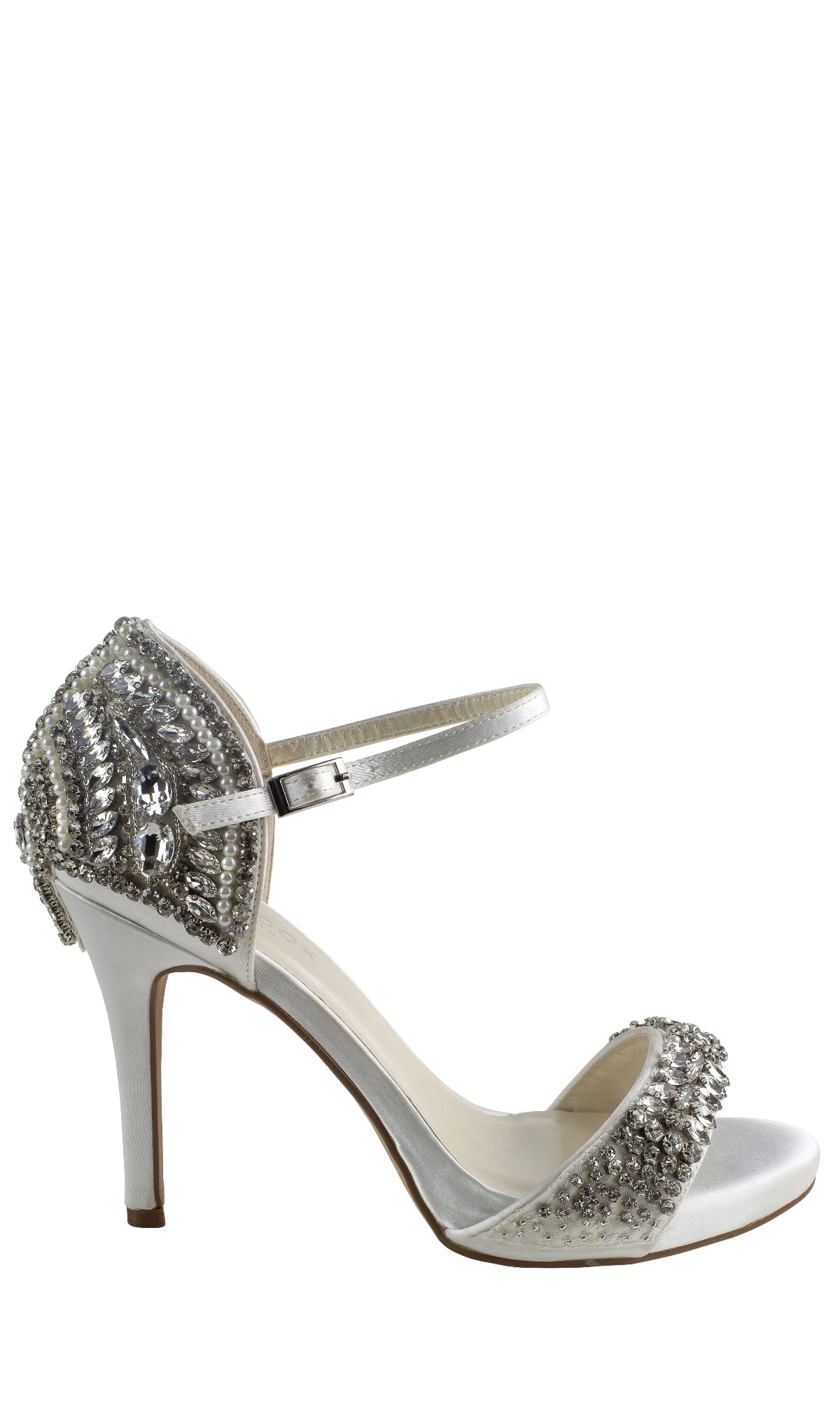 Elodie Ivory Satin Prom Shoes by Paradox London (P2107) feature a high stiletto heel, ankle strap, open toe, and rhinestone jeweled accents on the toe and heel.